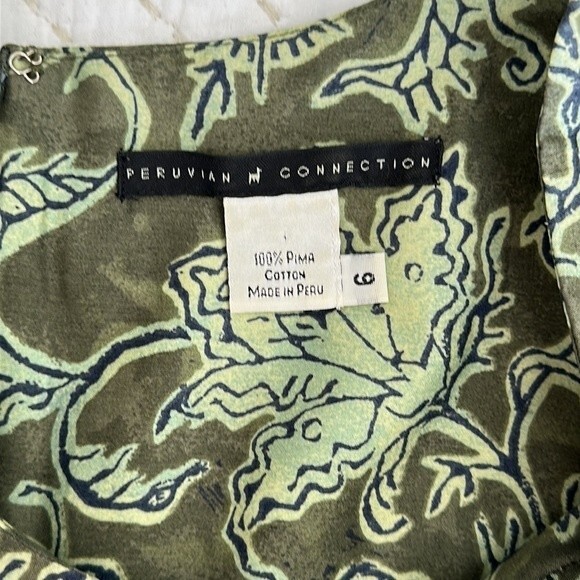 PERUVIAN CONNECTION Pima Cotton Border Print Sleeveless Sheath Dress Green Sz 6 - Picture 5 of 9